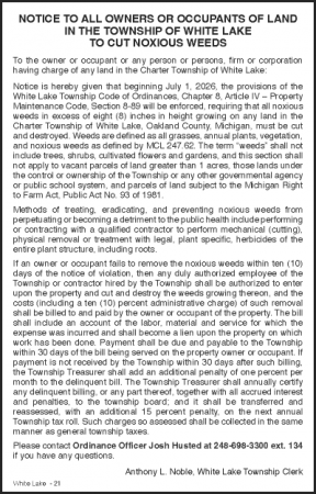 NOTICE TO ALL PROPERTY OWNERS OR OCCUPANTS OF LAND IN THE TOWNSHIP OF WHITE LAKE TO CUT NOXIOUS WEEDS JULY 2026