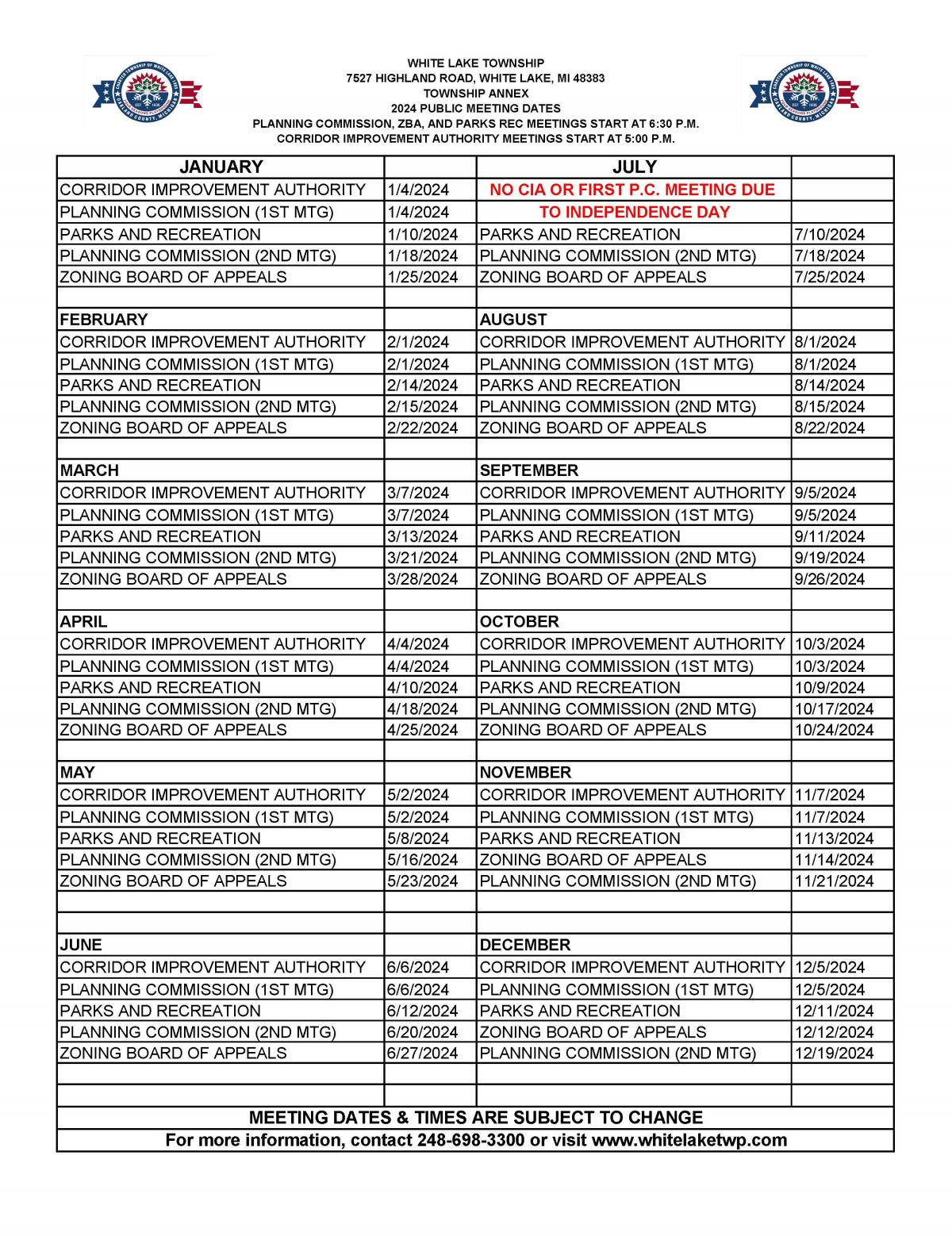2024 Planning Commission, ZBA, Parks & Rec, & Corridor Improvement Authority Meeting Dates