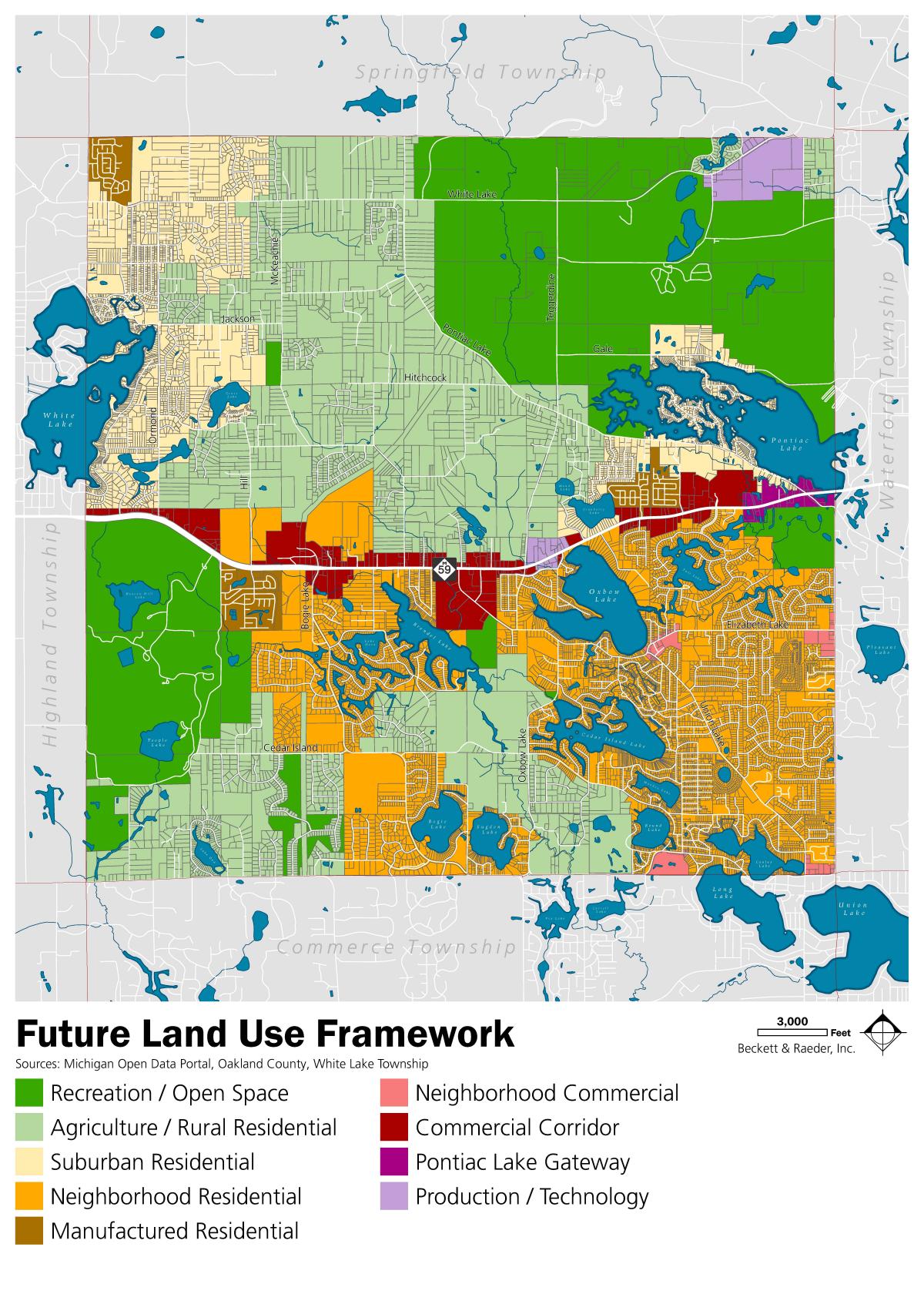 Map with various residential and commercial master planned areas