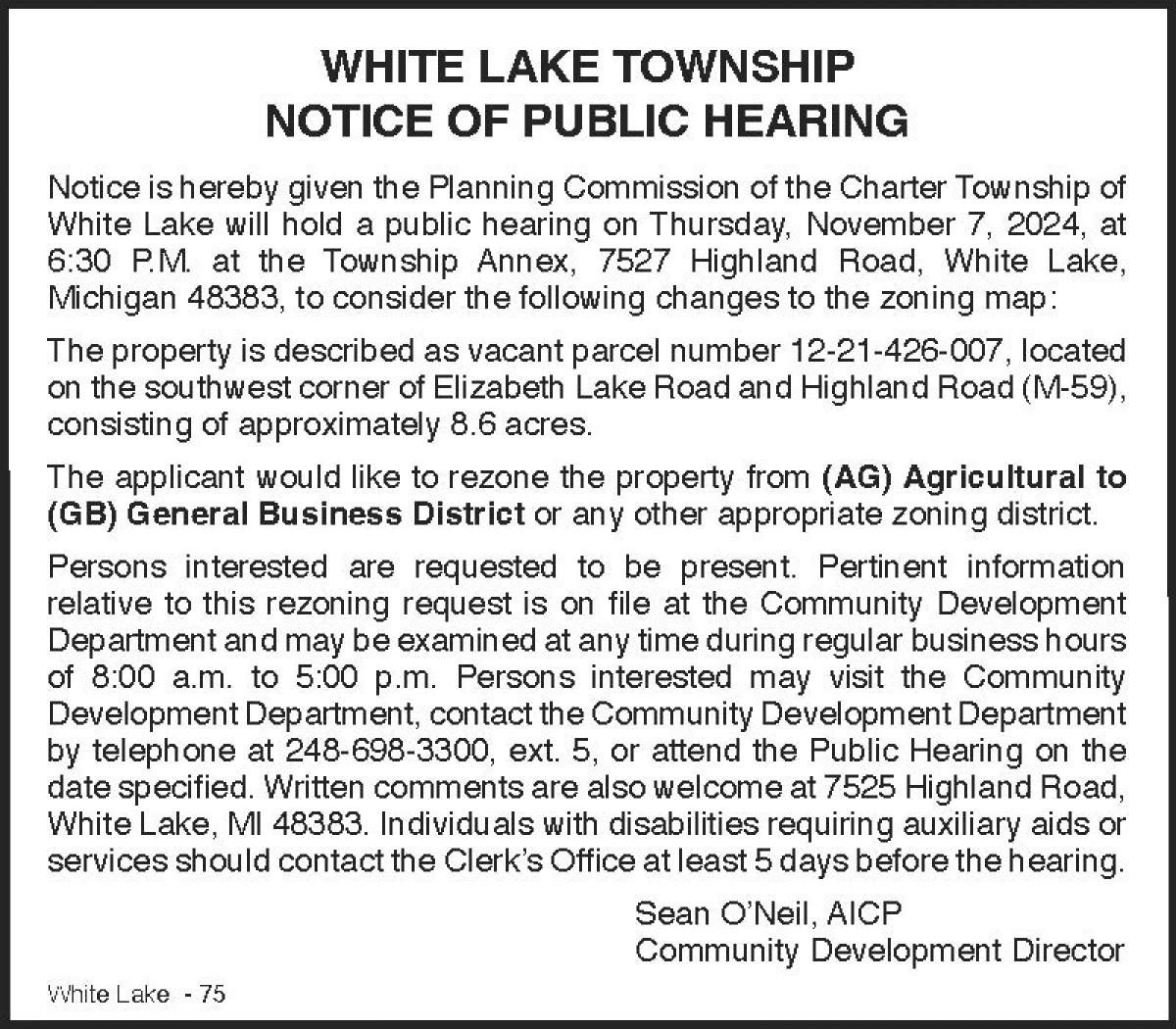 Elizabeth Lake and M-59 Property Rezoning request 