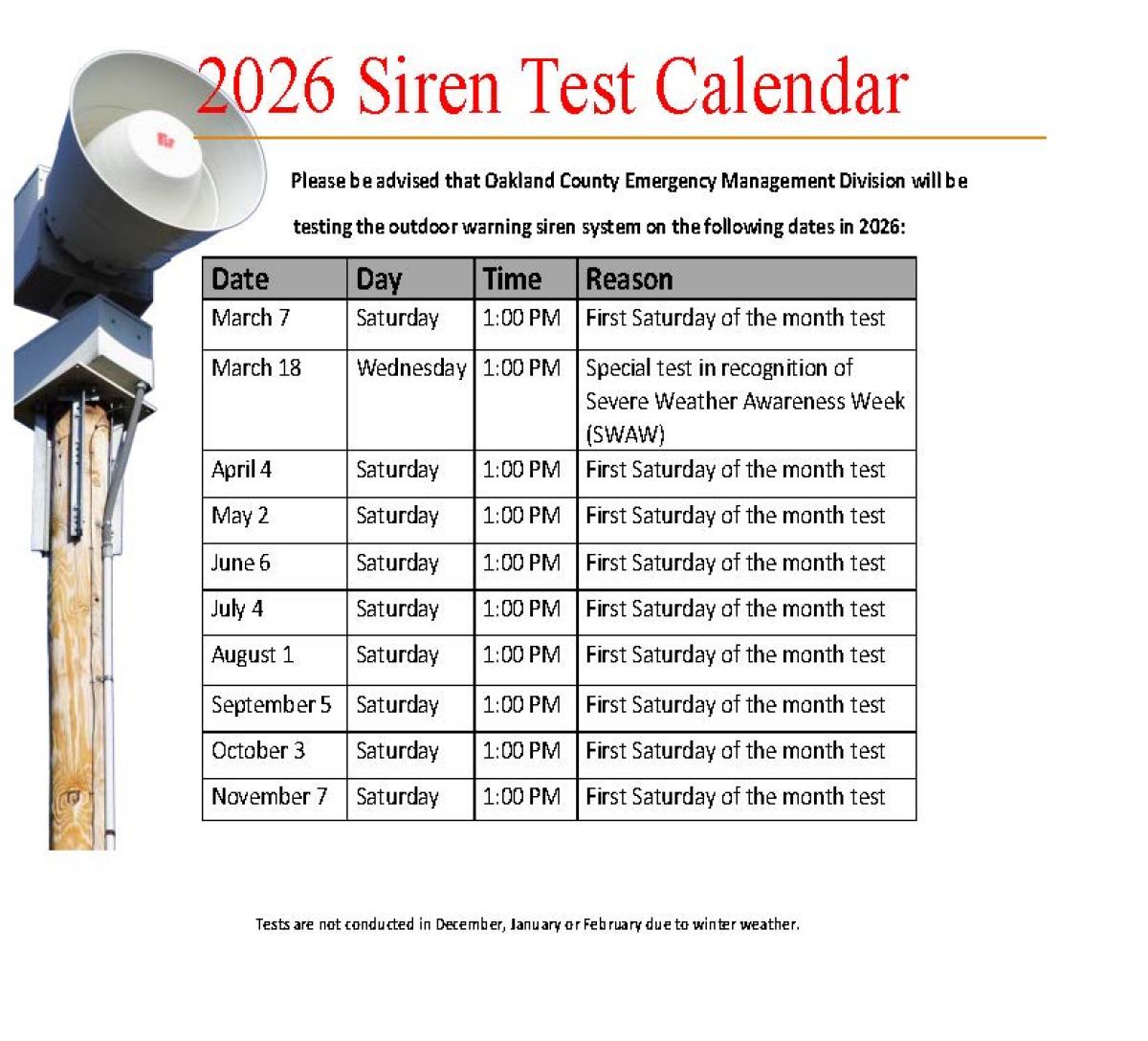2026 Oakland County Siren Test Calendar