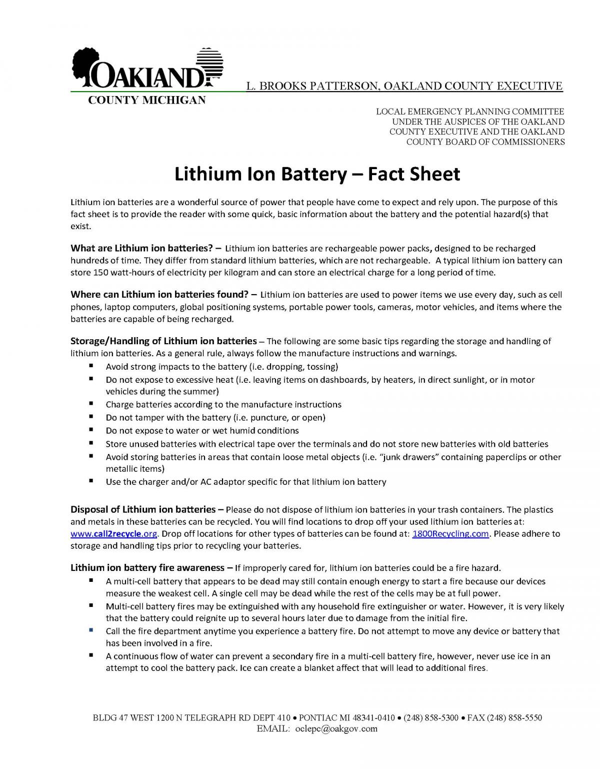 Oakland County Lithium Ion Battery Fact Sheet