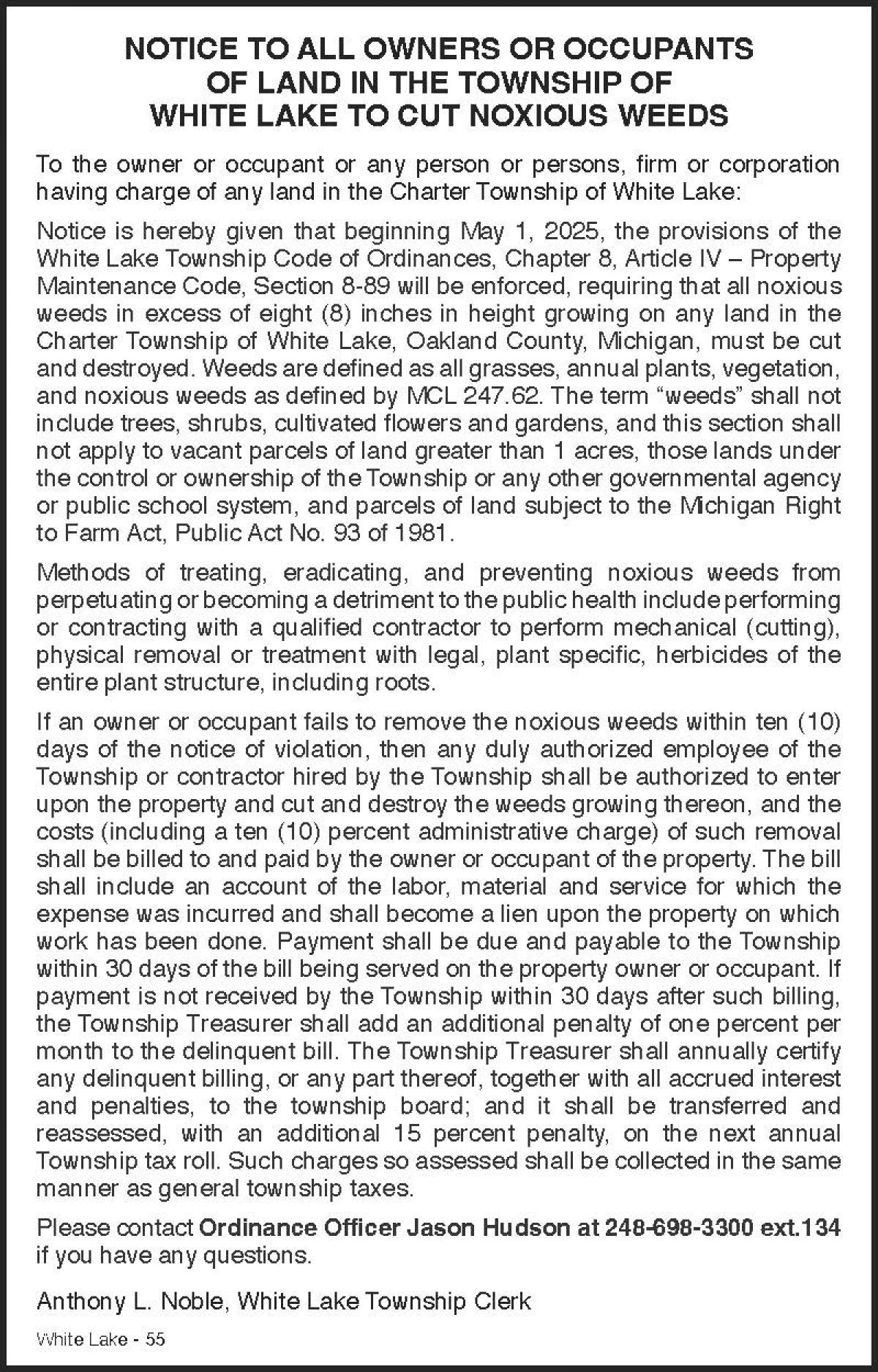 NOTICE TO ALL OWNERS OR OCCUPANTS OF LAND IN THE TOWNSHIP OF WHITE LAKE TO CUT NOXIOUS WEEDS