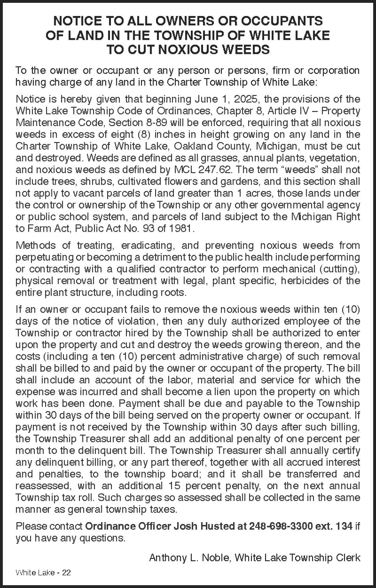 NOTICE TO ALL OWNERS OR OCCUPANTS OF LAND IN THE TOWNSHIP OF WHITE LAKE TO CUT NOXIOUS WEEDS