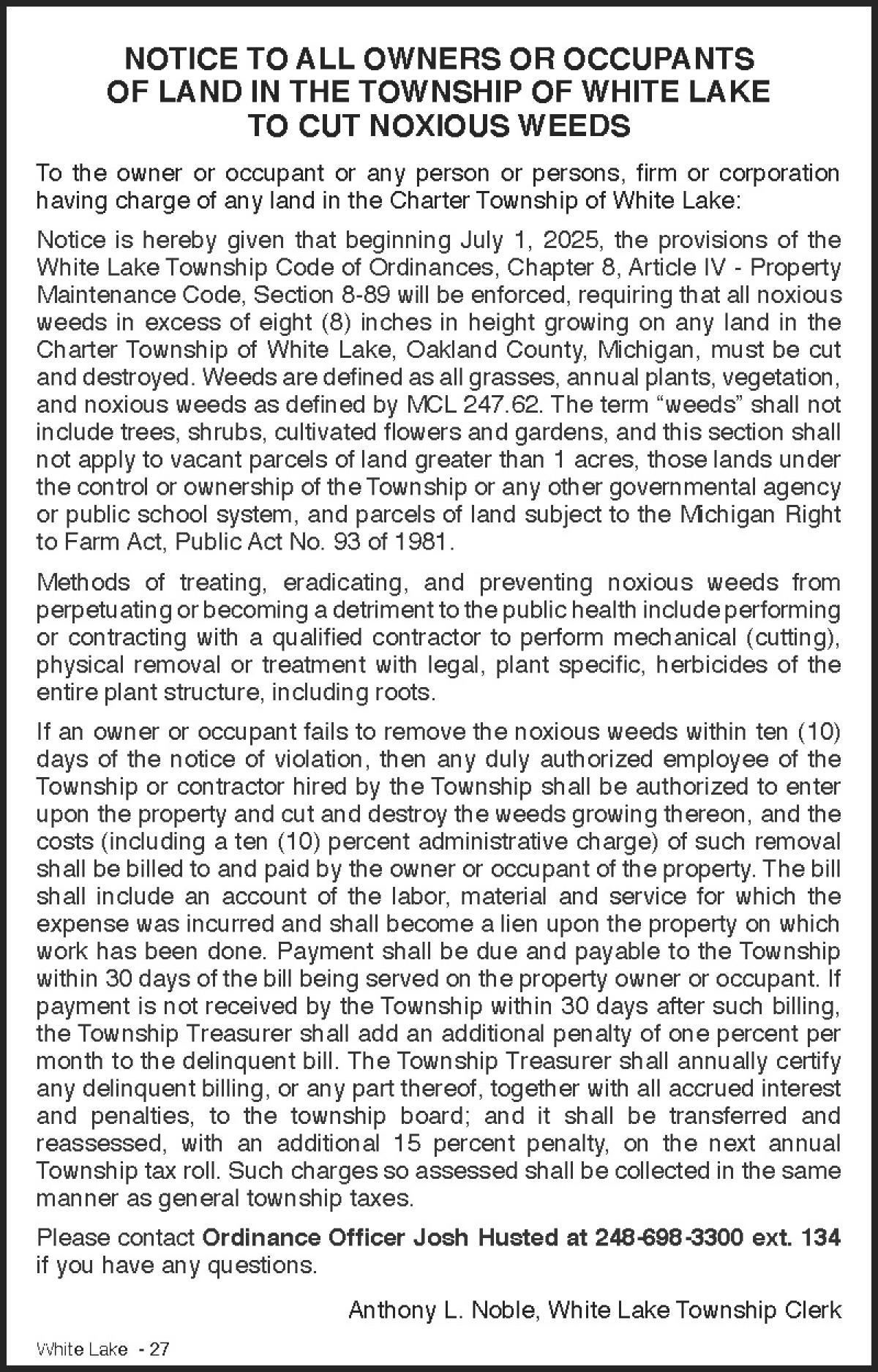 NOTICE TO ALL OWNERS OR OCCUPANTS OF LAND IN THE TOWNSHIP OF WHITE LAKE TO CUT NOXIOUS WEEDS