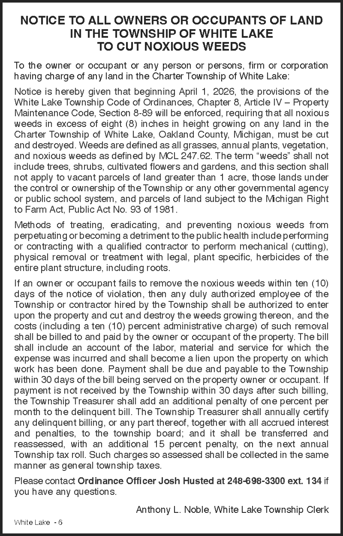 nNOTICE TO ALL OWNERS OR OCCUPANTS OF LAND IN THE TOWNSHIP OF WHITE LAKE TO CUT NOXIOUS WEEDS - APRIL 1, 2026