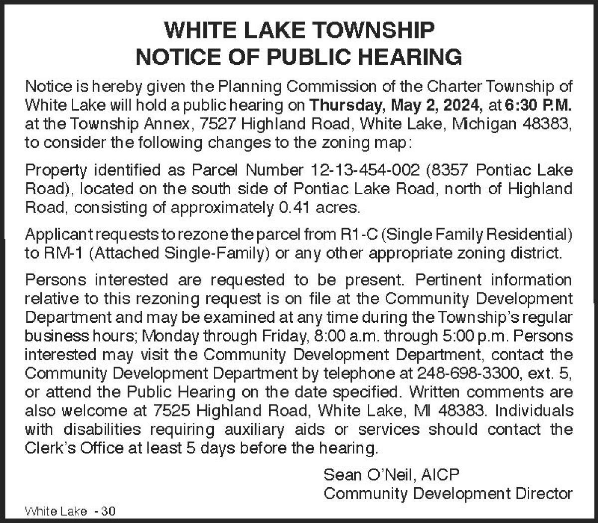 Rezoning Public Hearing Notice for 8357 Pontiac Lake Road