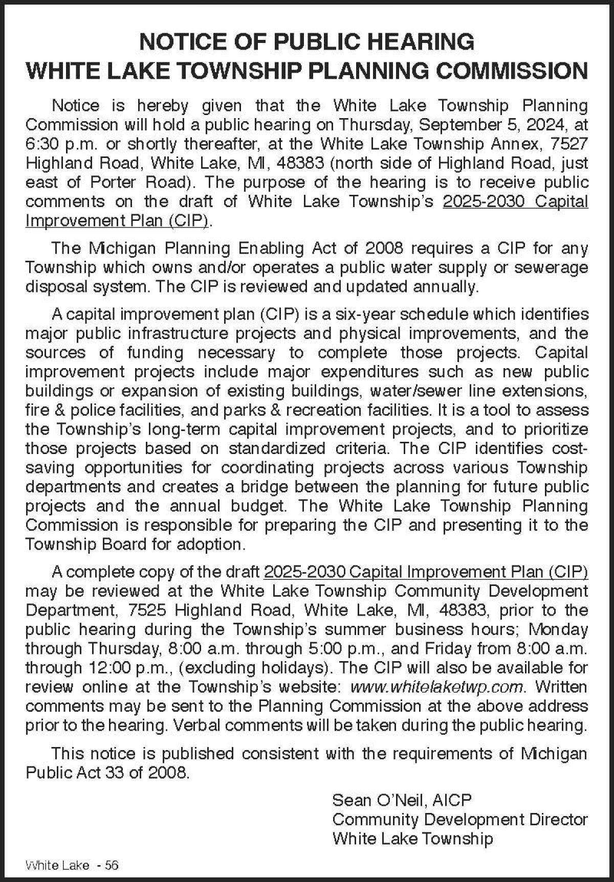 PUBLIC HEARING NOTICE FOR WHITE LAKE TOWNSHIP'S CAPITAL IMPROVEMENT PLAN 2025-2030
