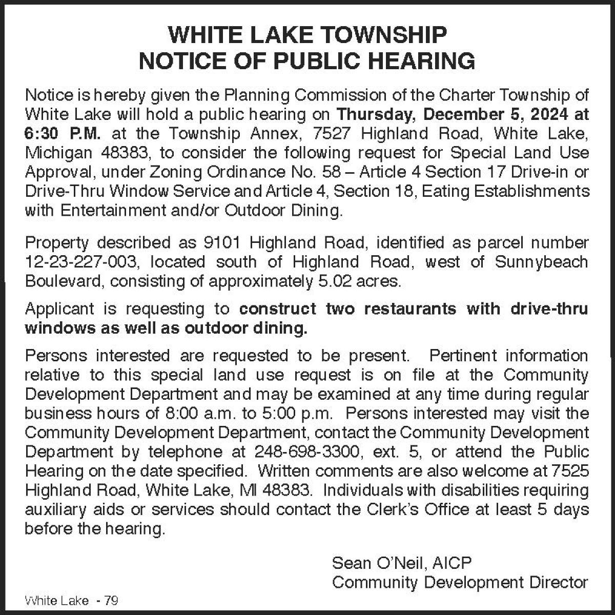 Special Land Use Public Hearing notice for outdoor seating and drive thrus at 9101 Highland