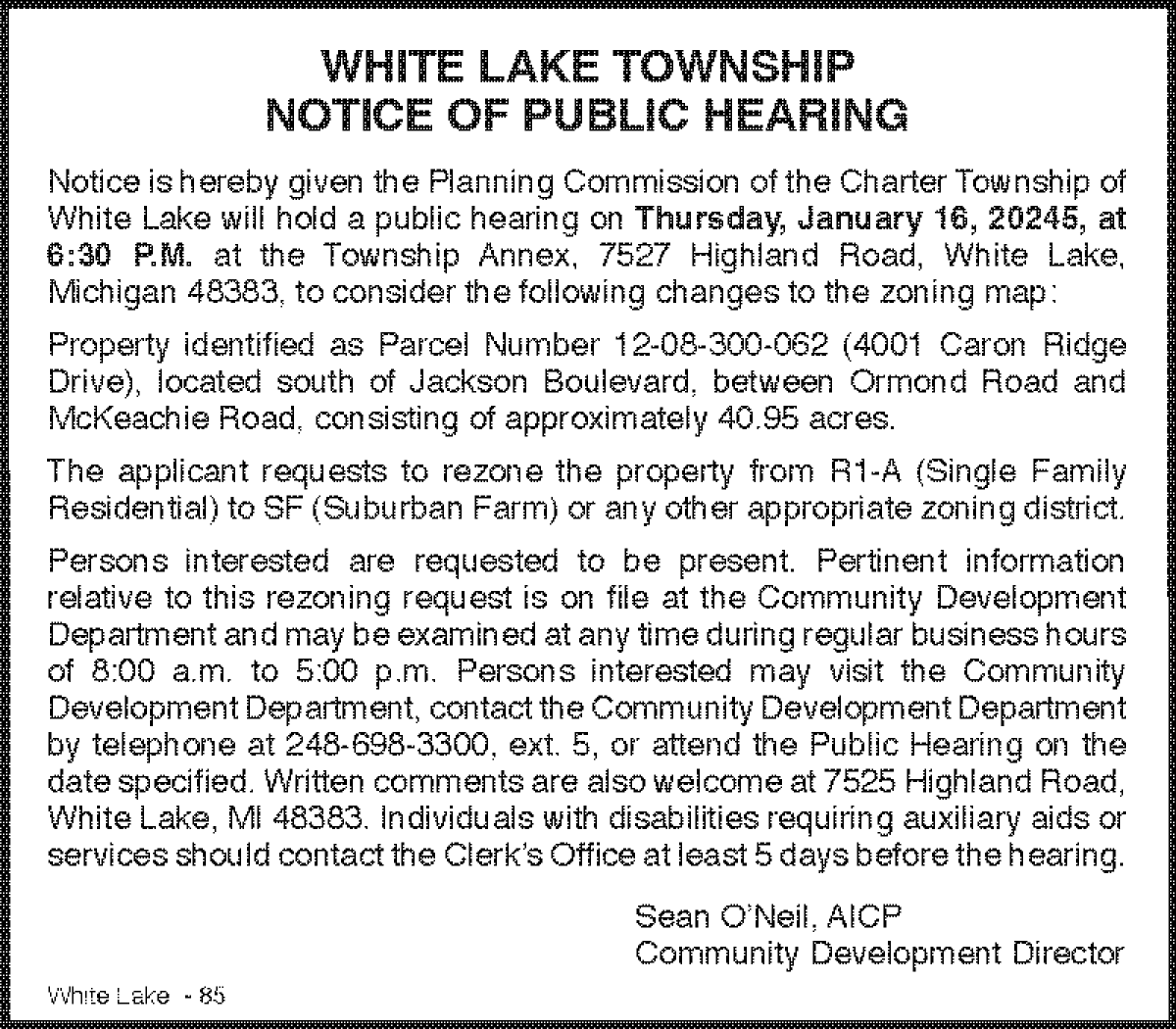 REZONING REQUEST FOR 4001 CARON RIDGE DRIVE 