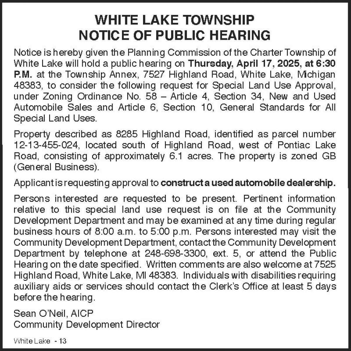 PUBLIC HEARING NOTICE FOR SPECIAL LAND USE 8285 HIGHLAND ROAD 