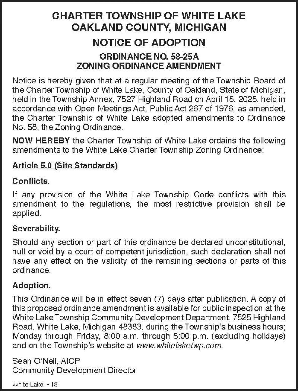 Notice of Adoption - Zoning Ordinance Article 5, section 7 - Accessory Buildings in Residential Zoning Districts