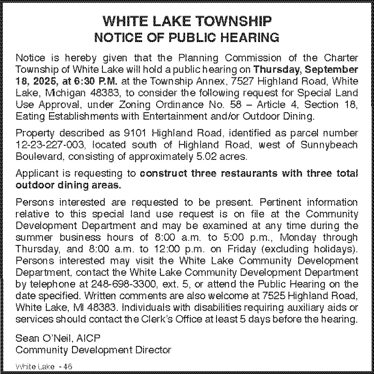 9101 Highland Revised Special Land Use Request