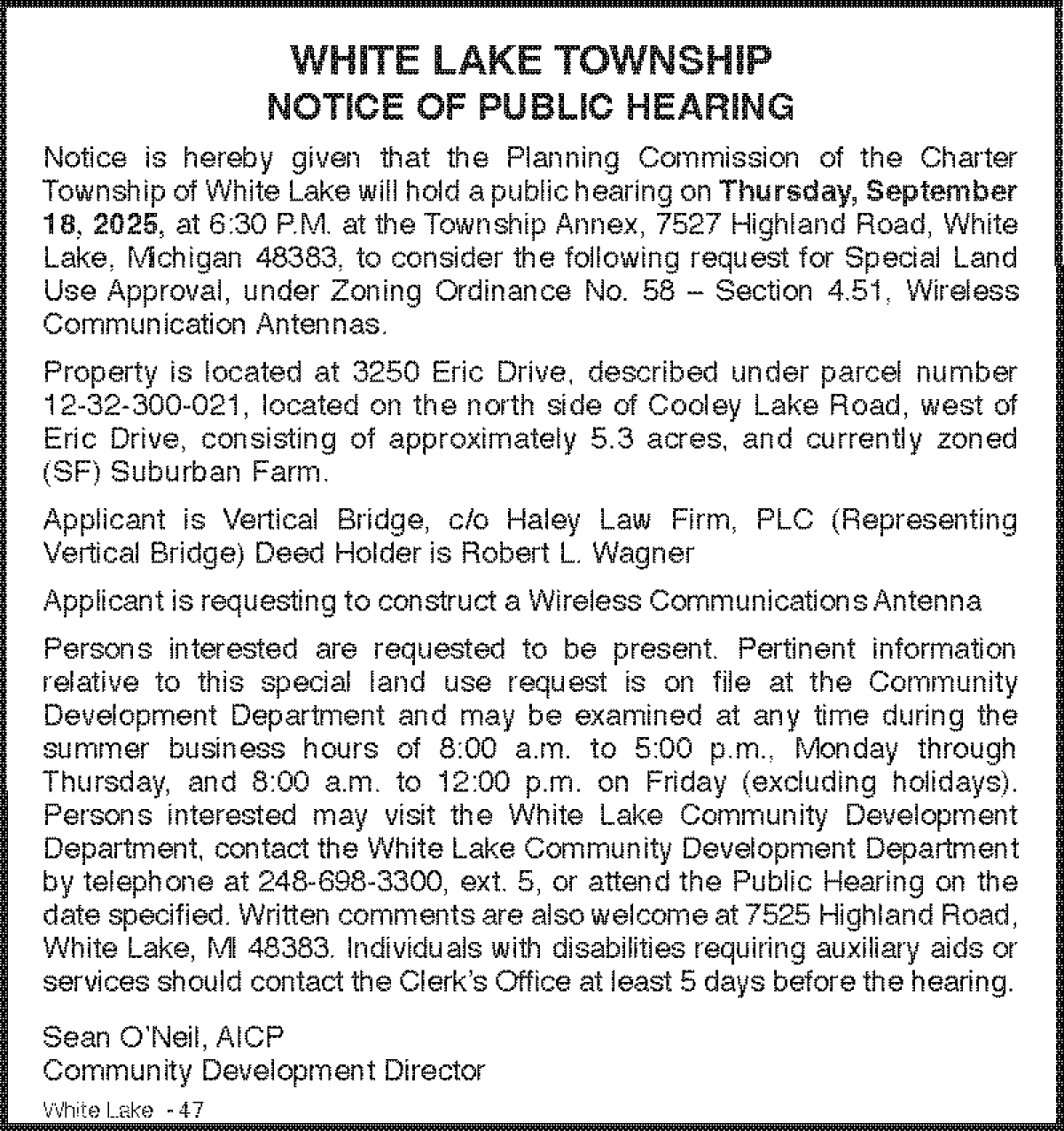 2530 ERIC DRIVE SPECIAL LAND USE REQUEST TO CONSTRUCT A CELLUAR TOWER