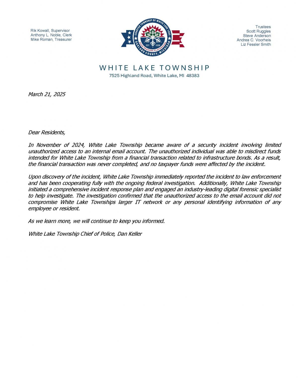 CYBER SECURITY INCIDENT UPDATE - MARCH 21, 2025
