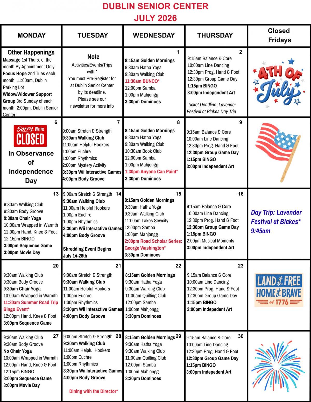 Dublin SC July Calendar 2026-updated