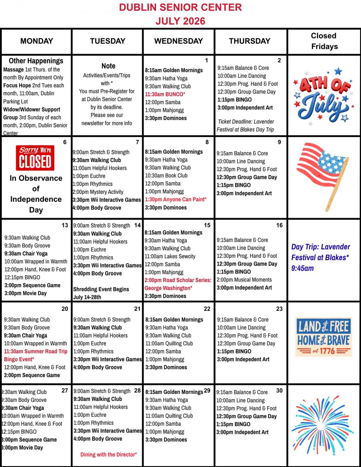 Dublin SC July Calendar 2026