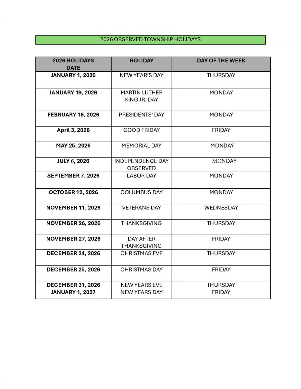 2026 Township Holidays