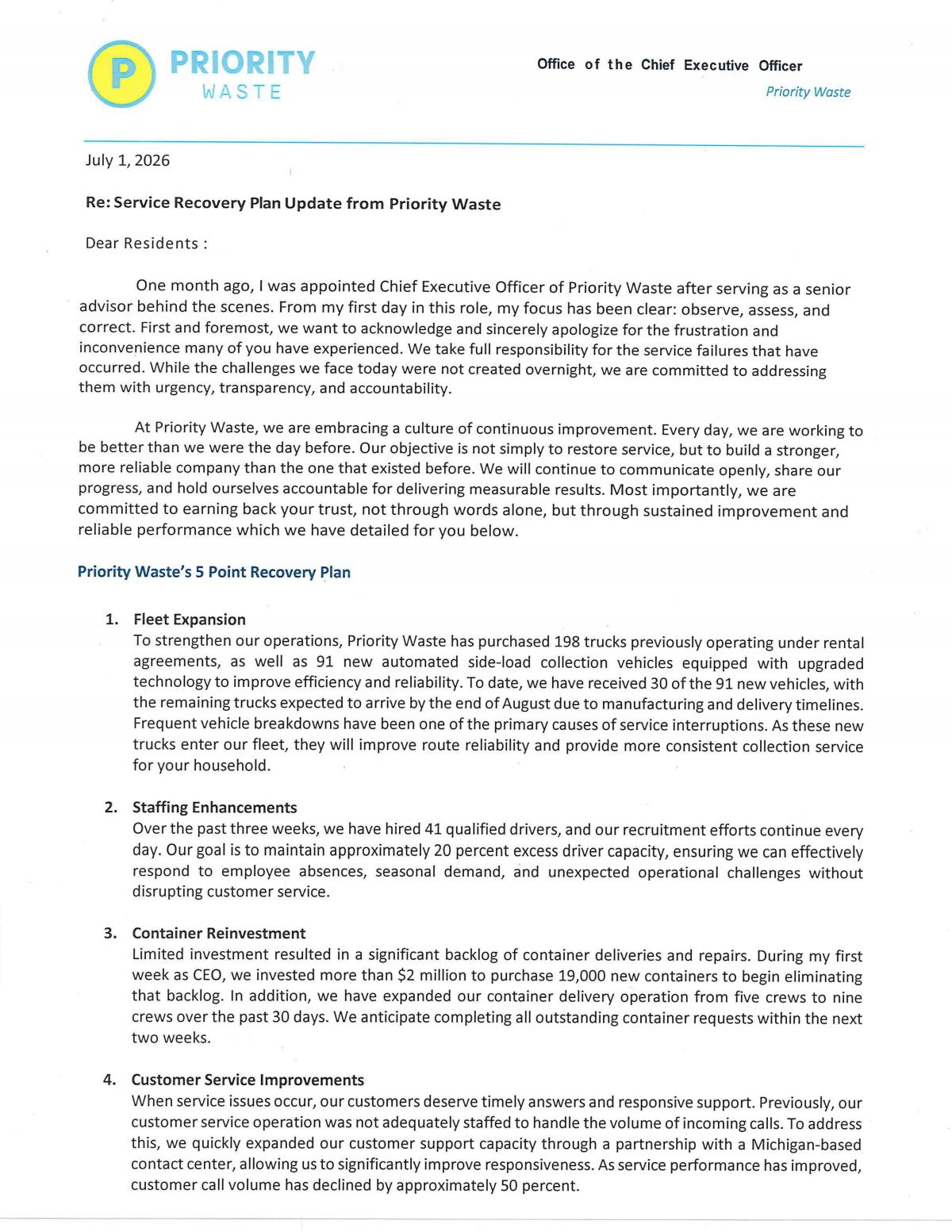 Priority Waste Letter from CEO