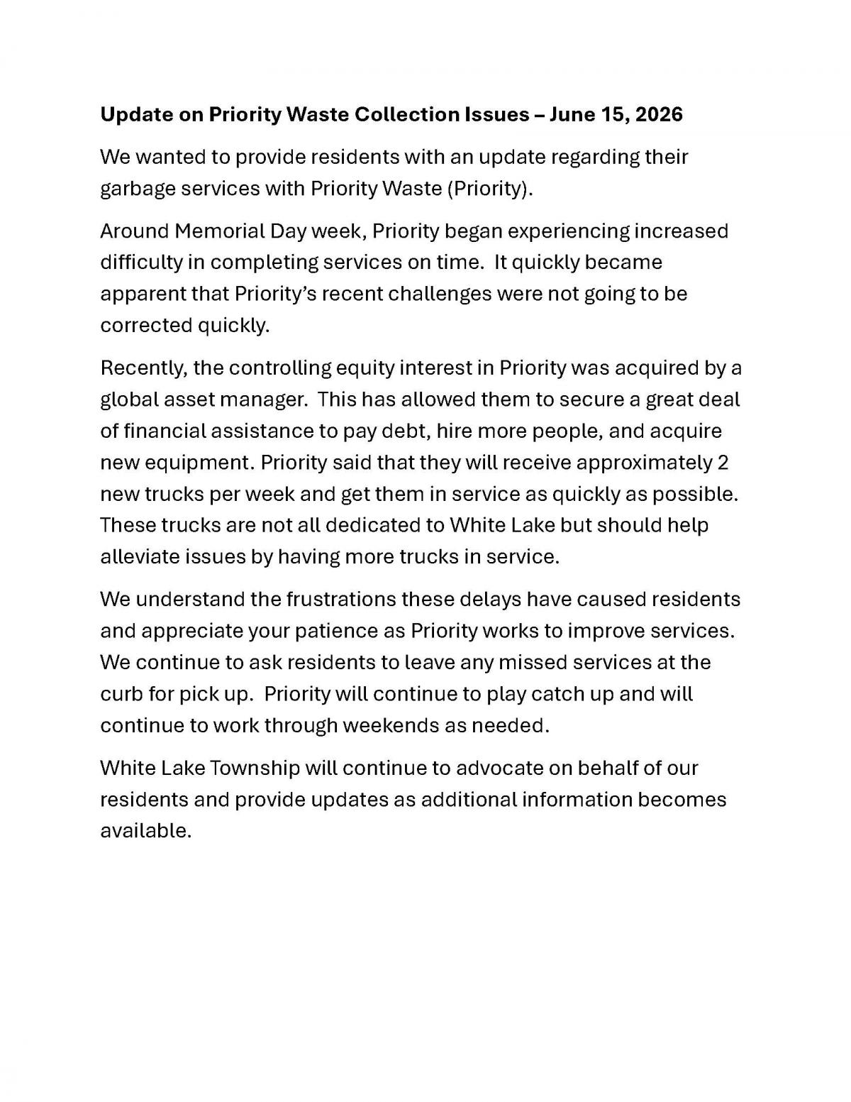Priority Waste Garbage Collection Services Update